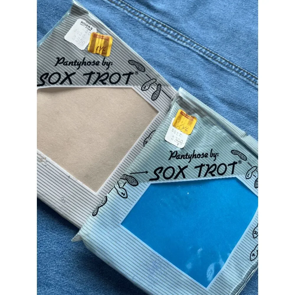 VTG Deadstock Sox Trot Sheer Waist Pantyhose Lot 2 Indian Blue Champagne USA